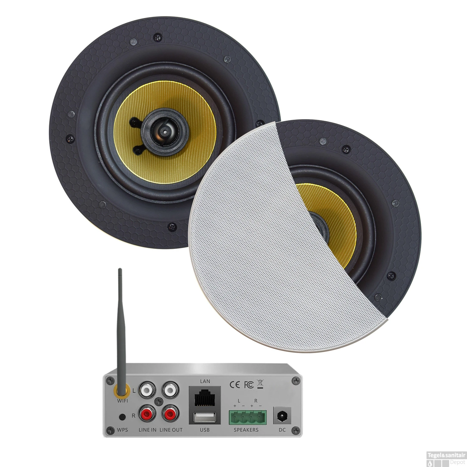 Wifi-Audio Versterker Aquasound Airplay + DLNA 50W Inclusief Speakerset Aquasound Samba 205 Mm Wit